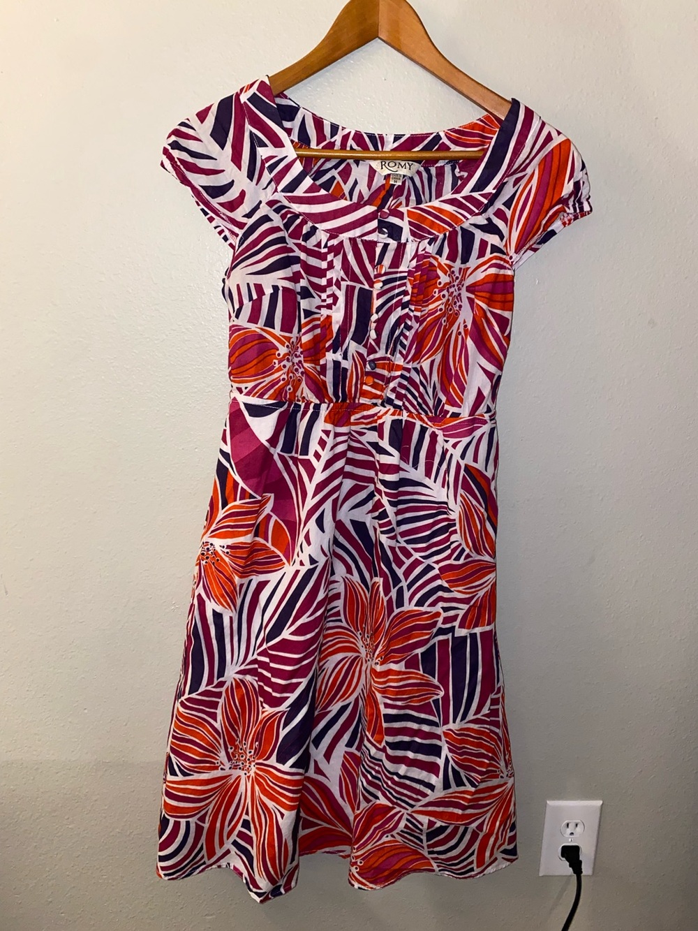 ROMY Floral A-Line Dress Size Medium Pink Red Purple - 100% Cotton Lined